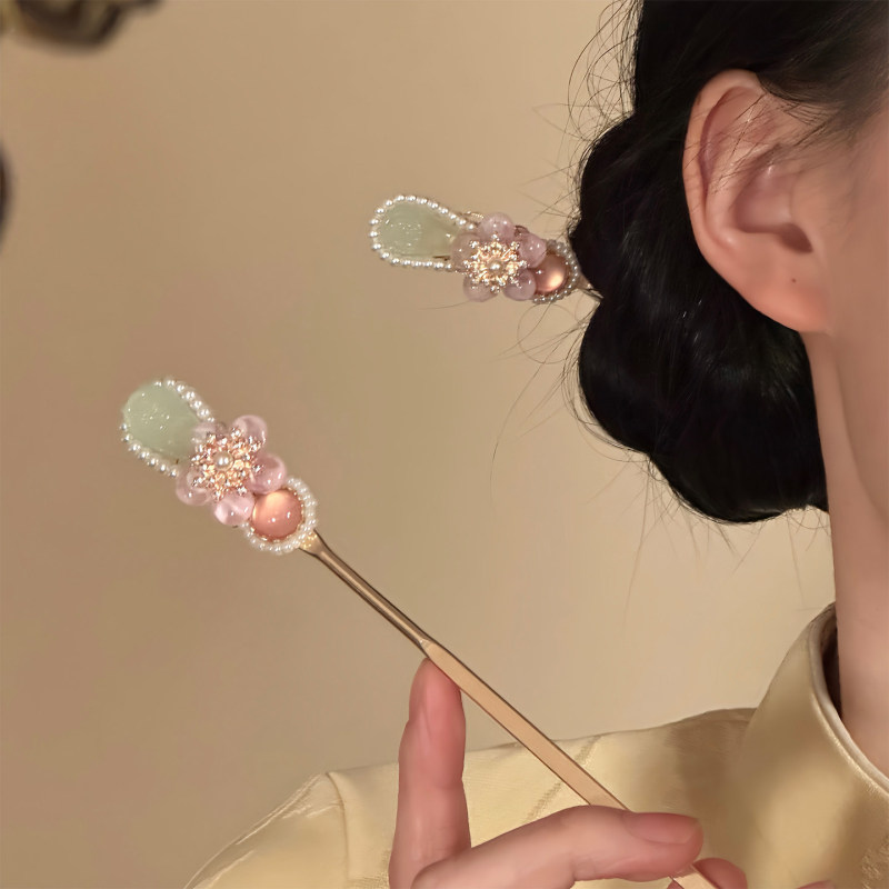 Pink Floral Tassel Elegant National Style Hairpin For Daily & Events
