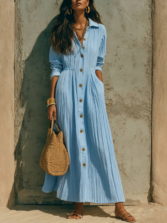 Solid Turn-Down Collar Single-Breasted Long Sleeve Maxi Dress For Party & Streetwear