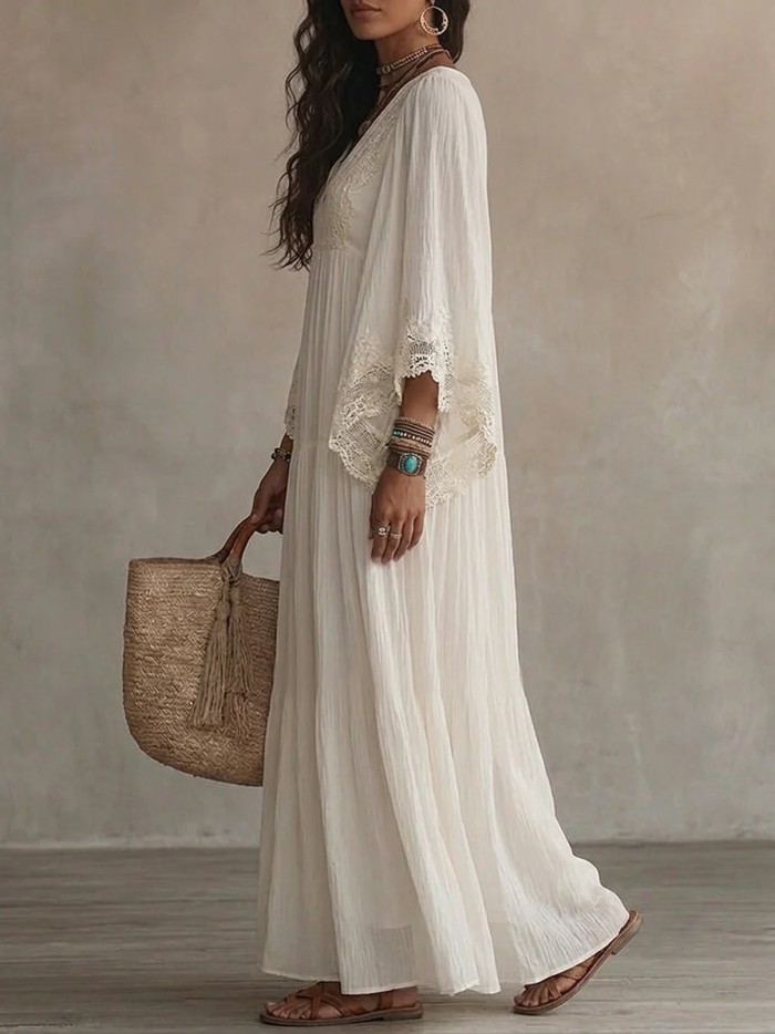 Solid V Neck Lace Trim Flowy Maxi Dress For Beach Holiday & Party