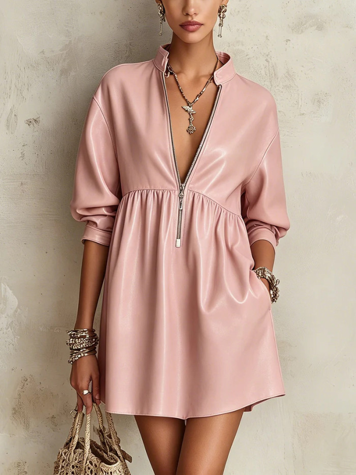 Faux Leather Stand Collar Zip Front Puff Sleeve A-Line Mini Dress For Casual Party Club