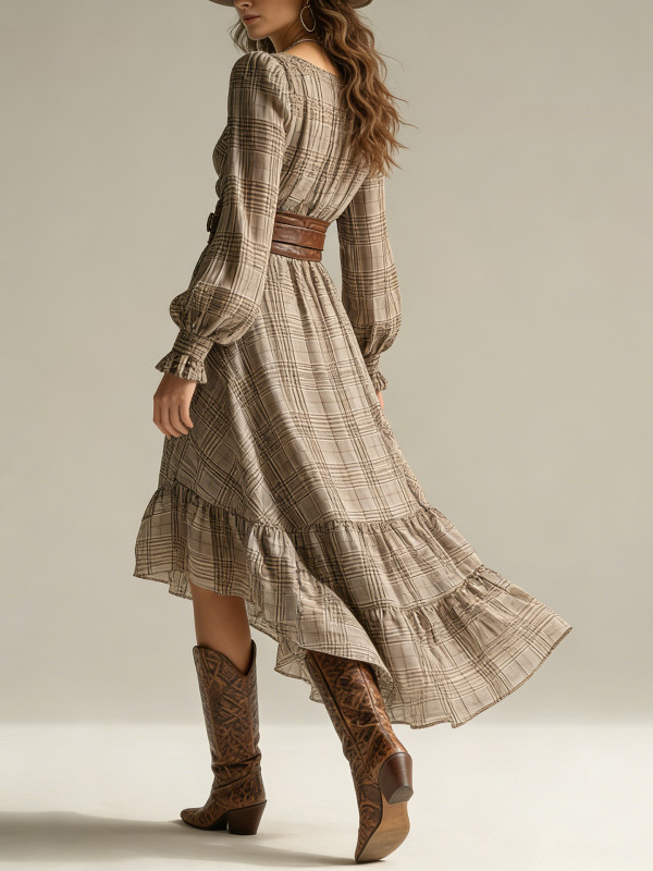 Digital Printed Plaid V Neck Long Sleeve Ruffle Trim Midi Dress For Daily Outing