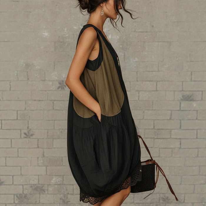 Boho Color Block Patchwork Sleeveless V Neck Midi Dress For Holiday Streetwear