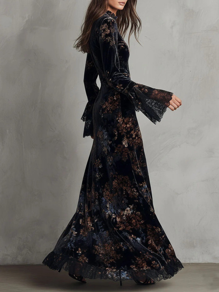 Vintage Floral Print Lace Spliced Flare Sleeve Velvet Maxi Dress For Banquet & Dating