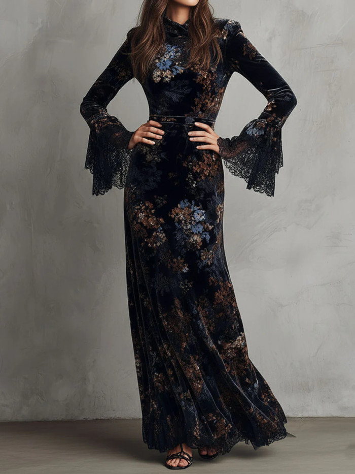 Vintage Floral Print Lace Spliced Flare Sleeve Velvet Maxi Dress For Banquet & Dating