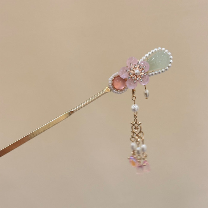 Pink Floral Tassel Elegant National Style Hairpin For Daily & Events