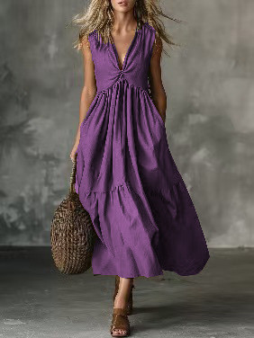 Solid Sleeveless Deep V Neck Loose Maxi Dress For Summer Party & Holiday