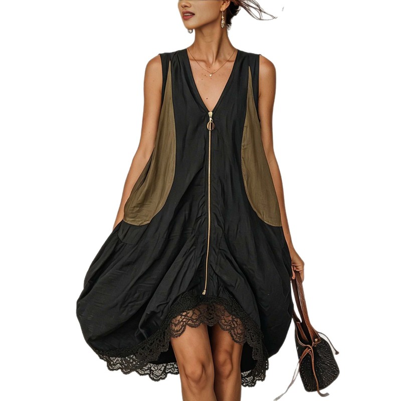 Boho Color Block Patchwork Sleeveless V Neck Midi Dress For Holiday Streetwear