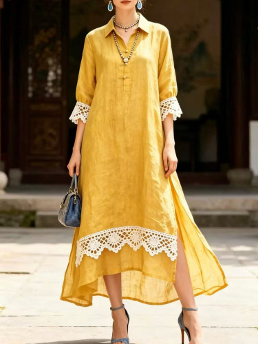Elegant Turn-down Collar Crochet Lace Split Maxi Shirt Dress For Casual Vacation
