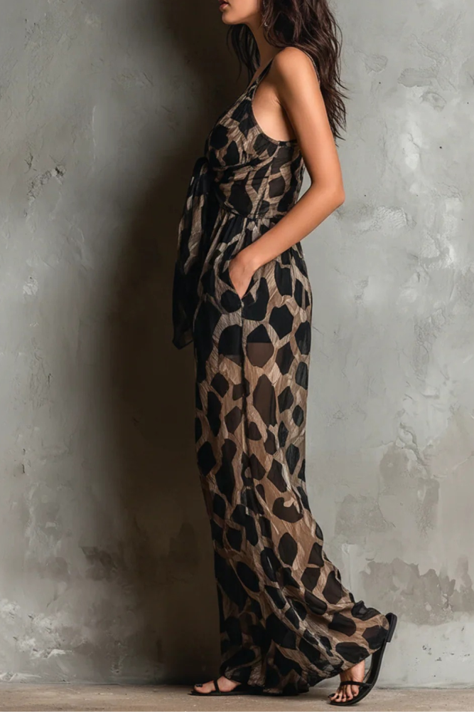 Leopard Print Thin Strap V Neck Twist Front Wide Leg Jumpsuit For Dating & Holiday
