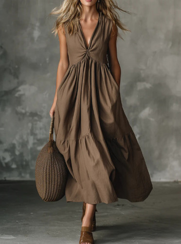 Solid Sleeveless Deep V Neck Loose Maxi Dress For Summer Party & Holiday