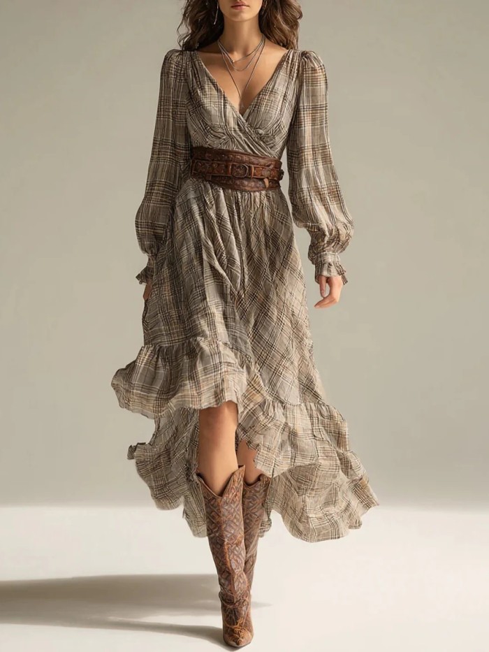 Digital Printed Plaid V Neck Long Sleeve Ruffle Trim Midi Dress For Daily Outing