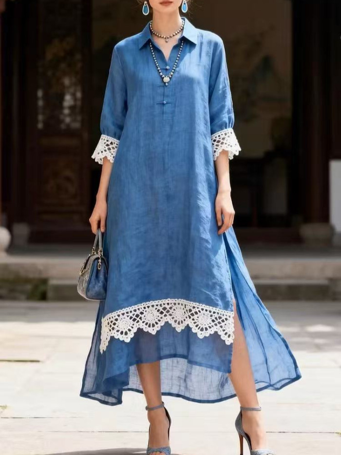 Elegant Turn-down Collar Crochet Lace Split Maxi Shirt Dress For Casual Vacation