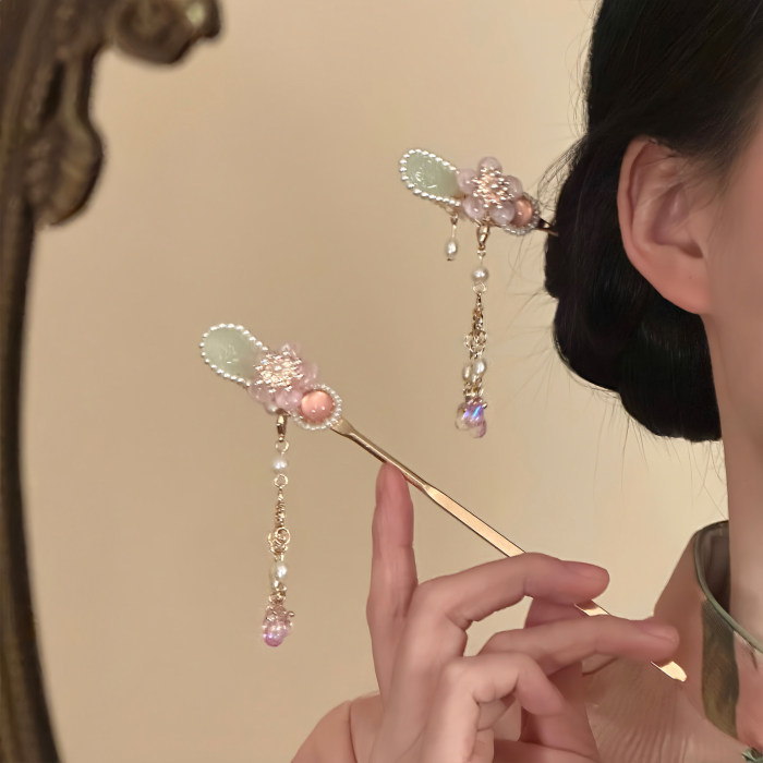 Pink Floral Tassel Elegant National Style Hairpin For Daily & Events