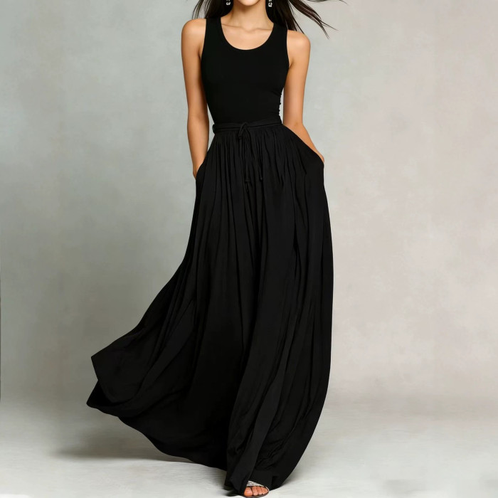 Solid O Neck A-Line Maxi Dress With Pockets For Daily Wear & Holiday