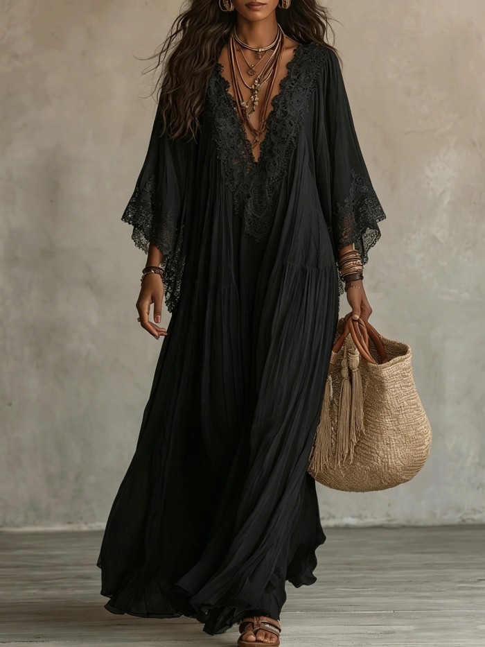 Solid V Neck Lace Trim Flowy Maxi Dress For Beach Holiday & Party