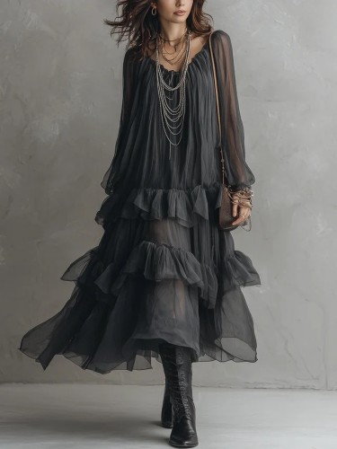 Dark Style Round Neck Sheer Chiffon Irregular Ruffle Tiered Maxi Dress For Evening Outing