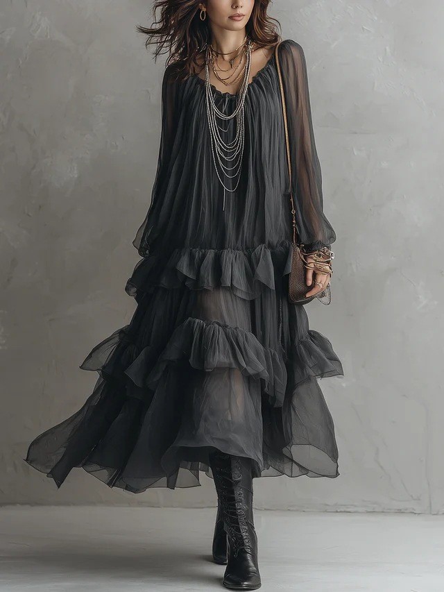 Dark Style Round Neck Sheer Chiffon Irregular Ruffle Tiered Maxi Dress For Evening Outing