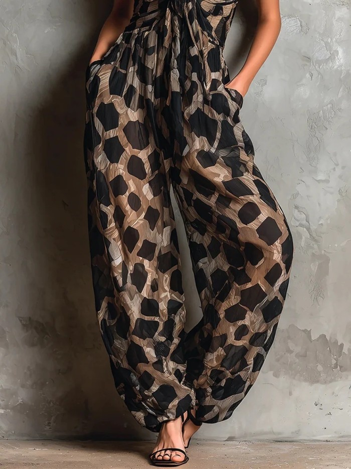 Leopard Print Thin Strap V Neck Twist Front Wide Leg Jumpsuit For Dating & Holiday