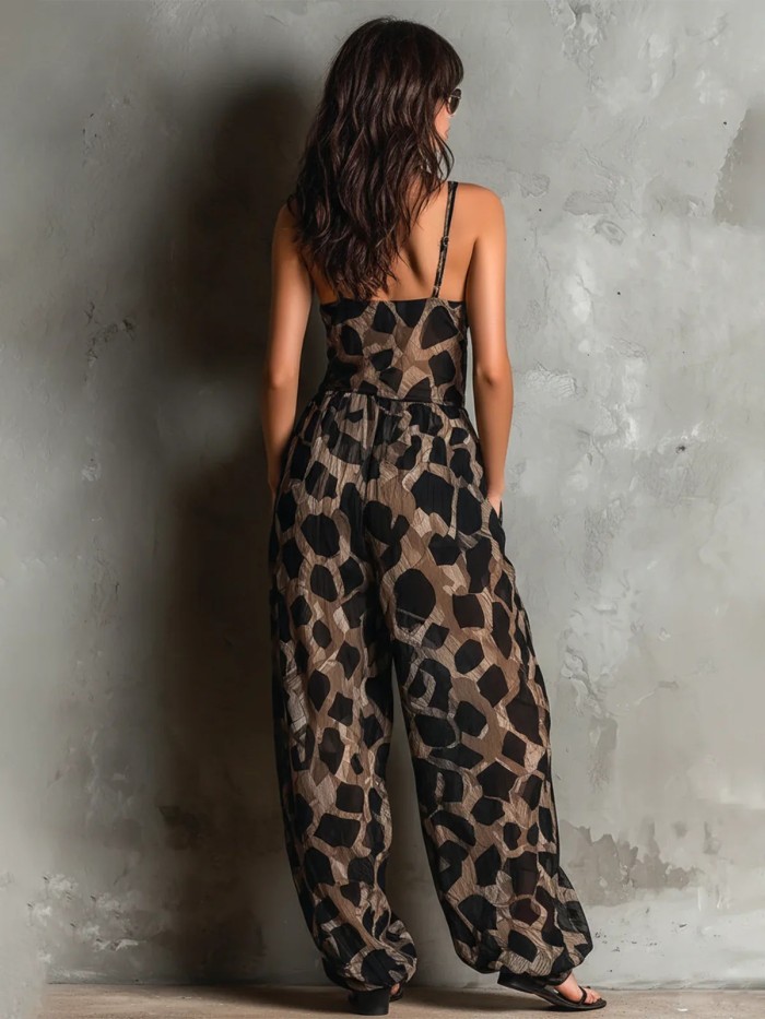 Leopard Print Thin Strap V Neck Twist Front Wide Leg Jumpsuit For Dating & Holiday