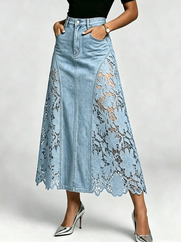 High Waist Lace Spliced Floral Hollow Bodycon Denim Midi Skirt For Daily Strolls And Dating
