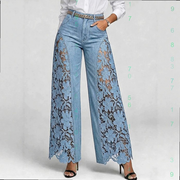 Hollow Lace Spliced High Waist Denim Wide Leg Palazzo Pants For Daily Street Outings
