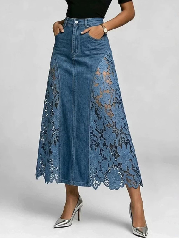 High Waist Lace Spliced Floral Hollow Bodycon Denim Midi Skirt For Daily Strolls And Dating
