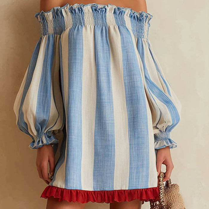 Striped Off Shoulder Puff Sleeve Mini Dress For Beach Trips And Small Parties