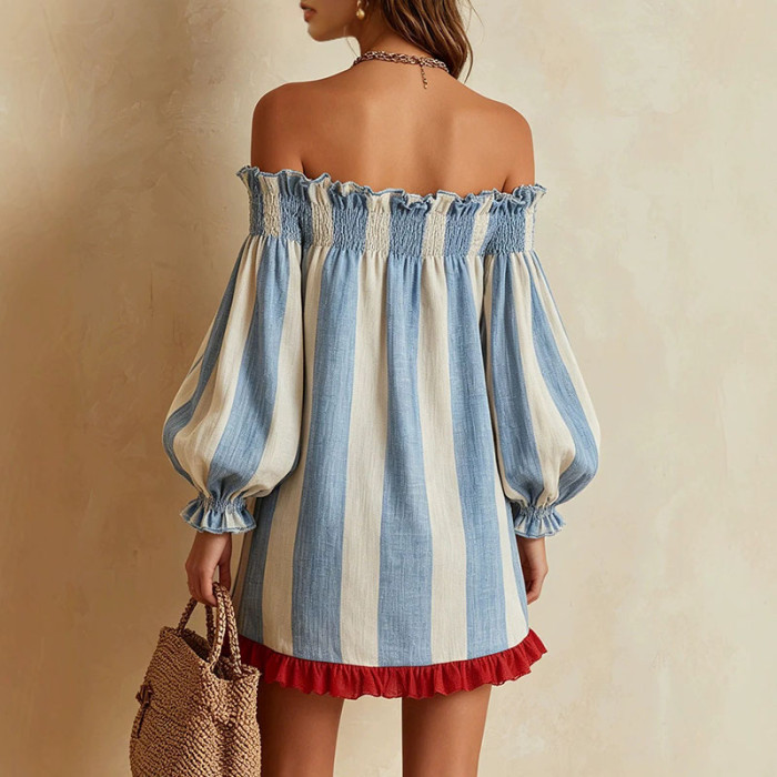 Striped Off Shoulder Puff Sleeve Mini Dress For Beach Trips And Small Parties