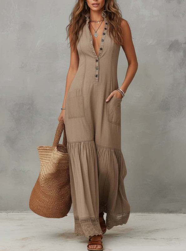 Solid Lace Trim Sleeveless Buttoned Jumpsuit For Spring Summer Daily Wear