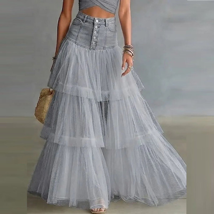 Retro Spliced Denim Tulle Tiered Maxi A-Line Skirt For Daily Commute And Street Outfits