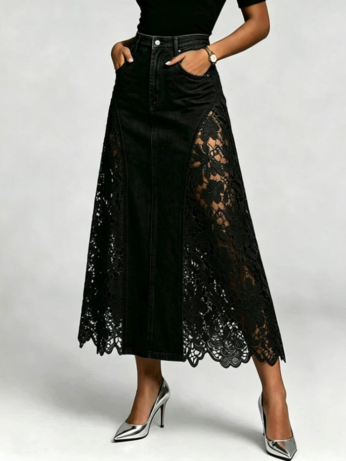 High Waist Lace Spliced Floral Hollow Bodycon Denim Midi Skirt For Daily Strolls And Dating