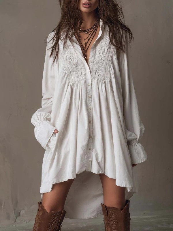 Lapel Flared Sleeve Mid Length Button Shirt For Daily Street Outfits