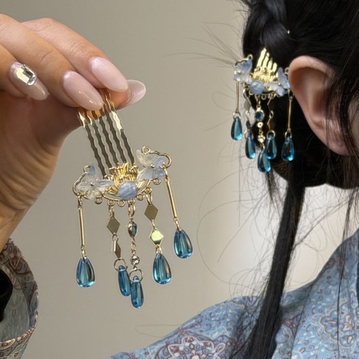 New Chinese Style Blue Butterfly Tassel Hairpin For Daily Strolls And Hanfu Shooting