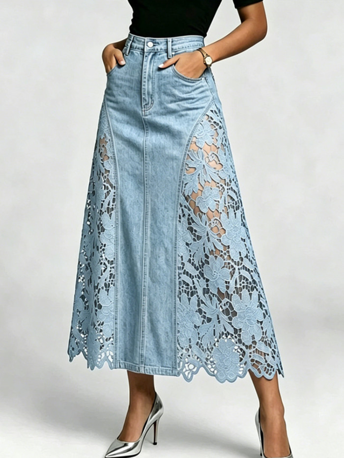 High Waist Lace Spliced Floral Hollow Bodycon Denim Midi Skirt For Daily Strolls And Dating