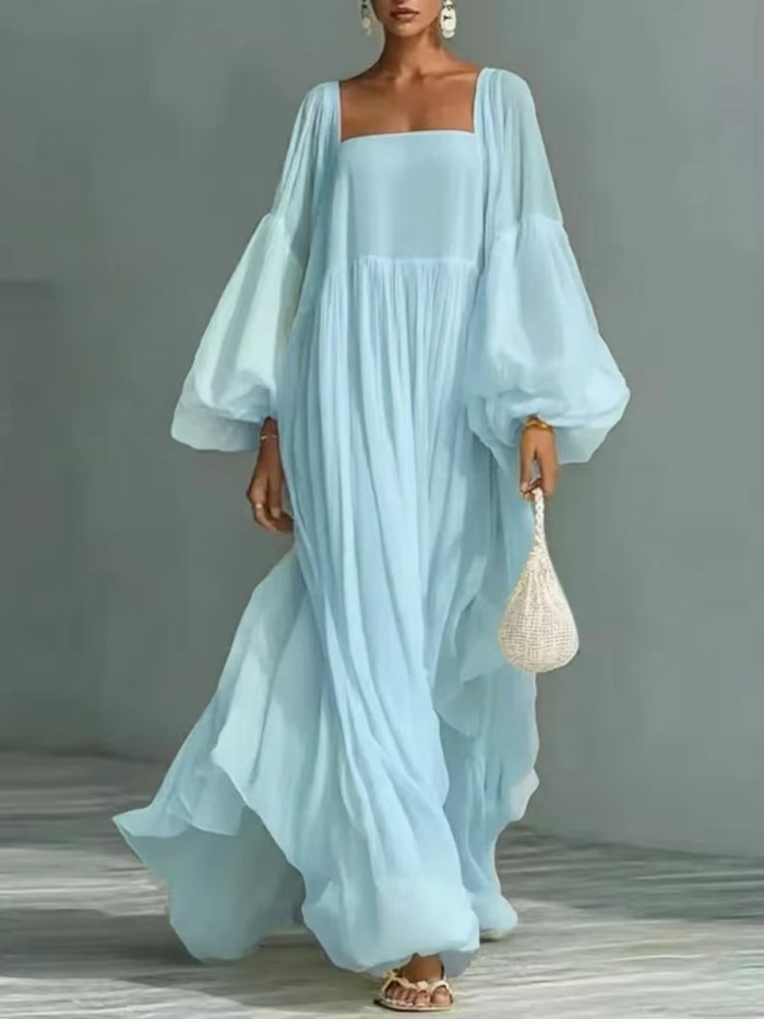 ✨Fashion Square Collar Puffed Sleeve Robe Long Dress✨