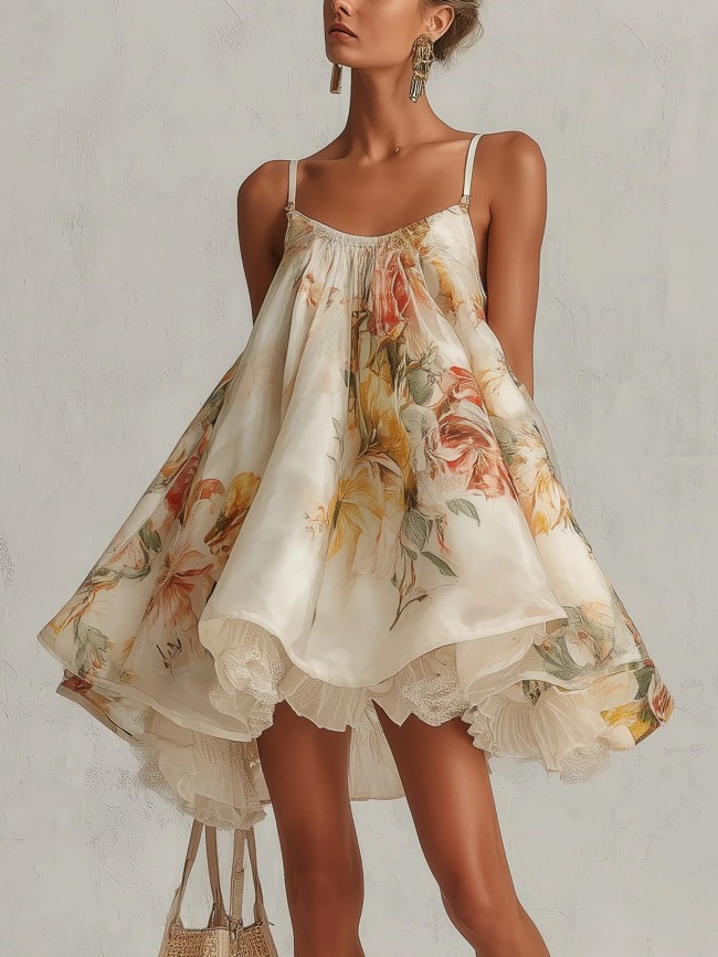 French Lace Trim Floral Asymmetrical Oversized Cami Dress For Vacation