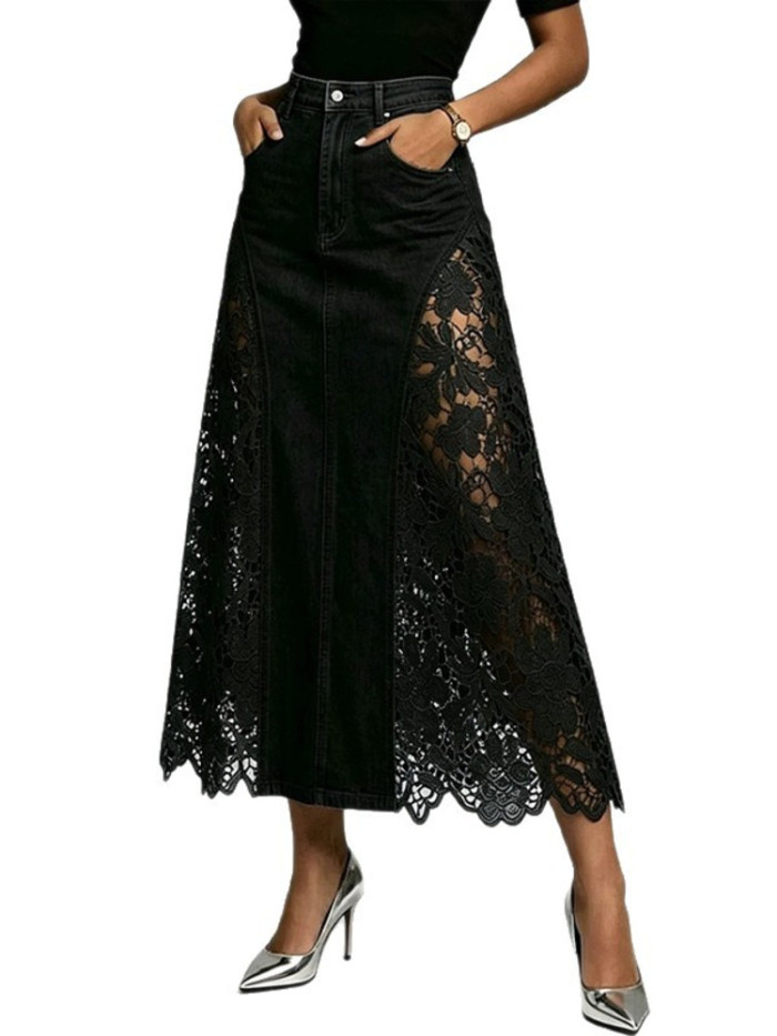 High Waist Lace Spliced Floral Hollow Bodycon Denim Midi Skirt For Daily Strolls And Dating
