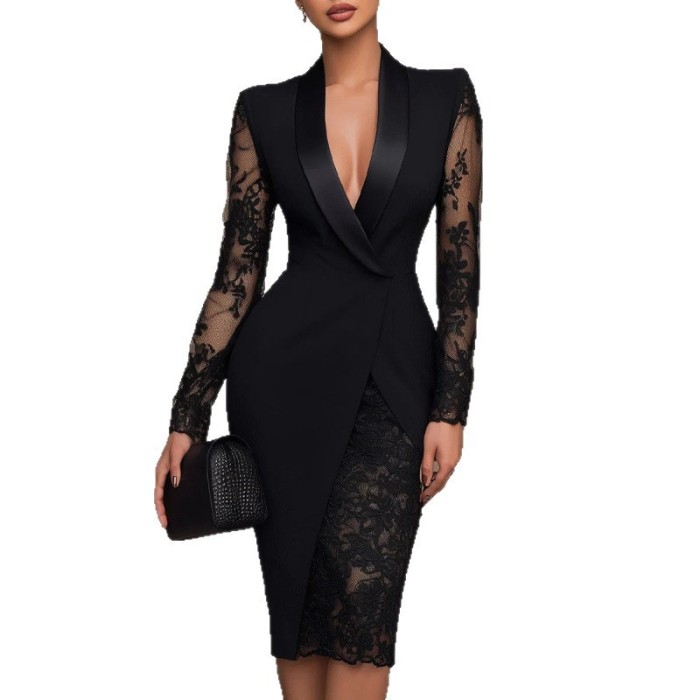Lace Spliced Lapel Bodycon Suit Dress For Office Commute