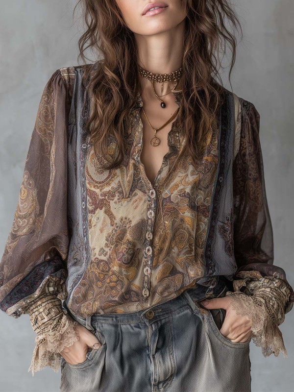 Bohemian Paisley Patchwork Long Sleeve Blouse For Beach & Daily