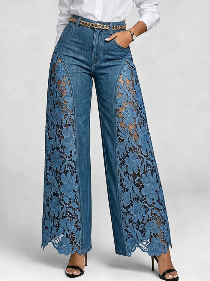 Hollow Lace Spliced High Waist Denim Wide Leg Palazzo Pants For Daily Street Outings