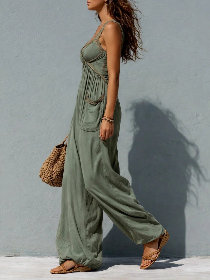 Olive Green V Neck Wide Leg Sleeveless Jumpsuit For Summer Vacation