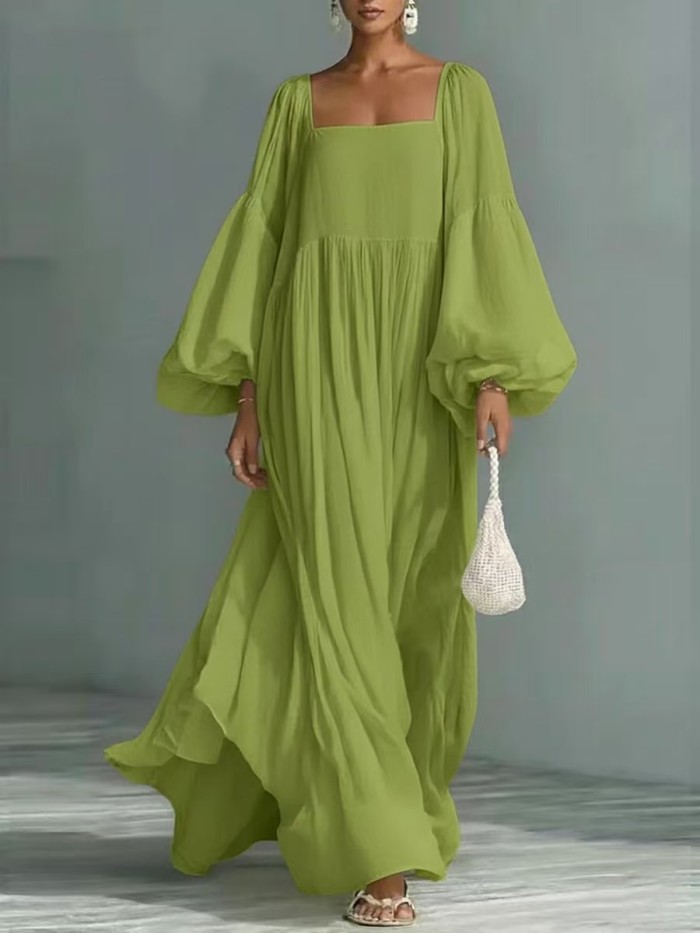 ✨Fashion Square Collar Puffed Sleeve Robe Long Dress✨