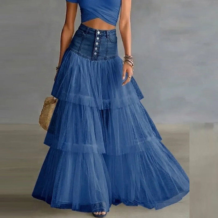 Retro Spliced Denim Tulle Tiered Maxi A-Line Skirt For Daily Commute And Street Outfits