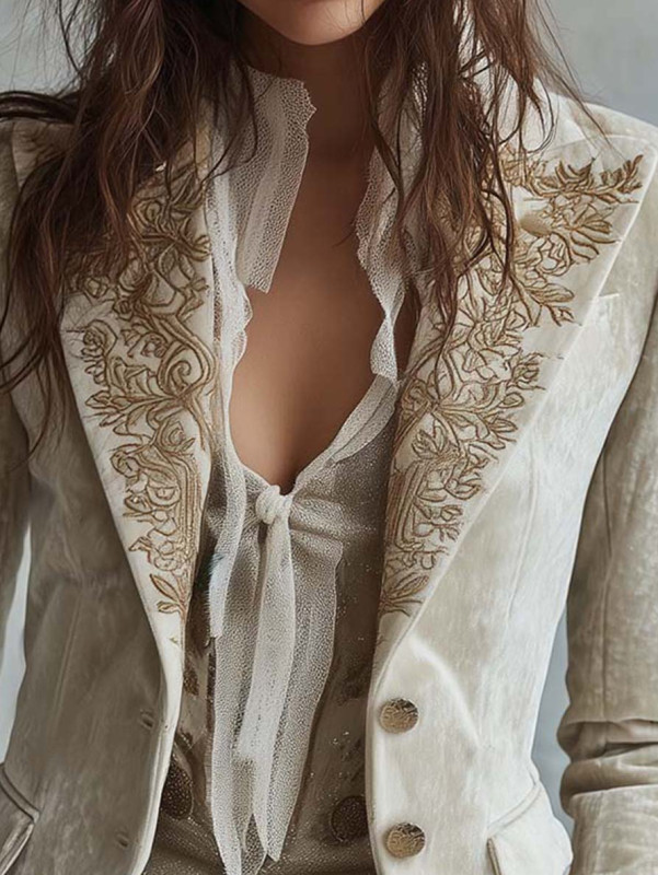 Printed Lapel Bell Sleeve Corduroy Blazer For Spring Autumn Daily Wear