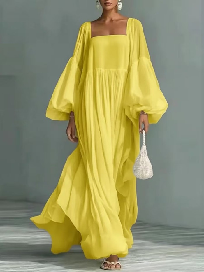 ✨Fashion Square Collar Puffed Sleeve Robe Long Dress✨
