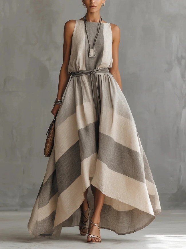 Gray Striped Belted High Low Maxi Dress For Daily Casual Outings
