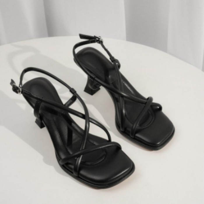 Simple Square Toe Slim Strap Thick Heel Open Toe Sandals For Summer Daily And Dating