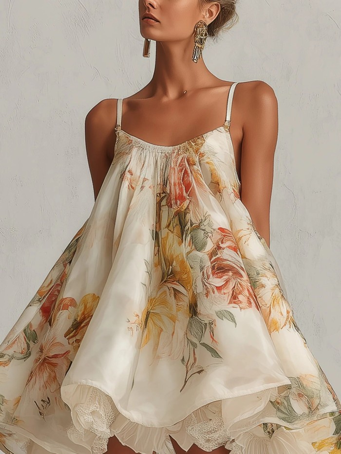 French Lace Trim Floral Asymmetrical Oversized Cami Dress For Vacation
