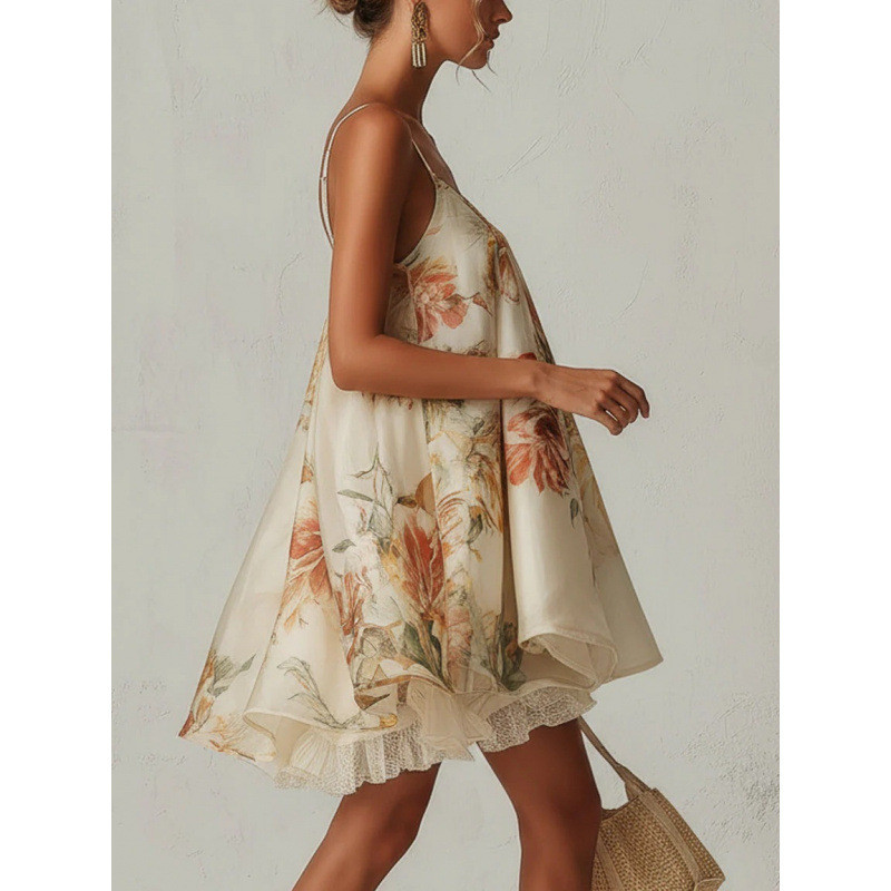 French Lace Trim Floral Asymmetrical Oversized Cami Dress For Vacation