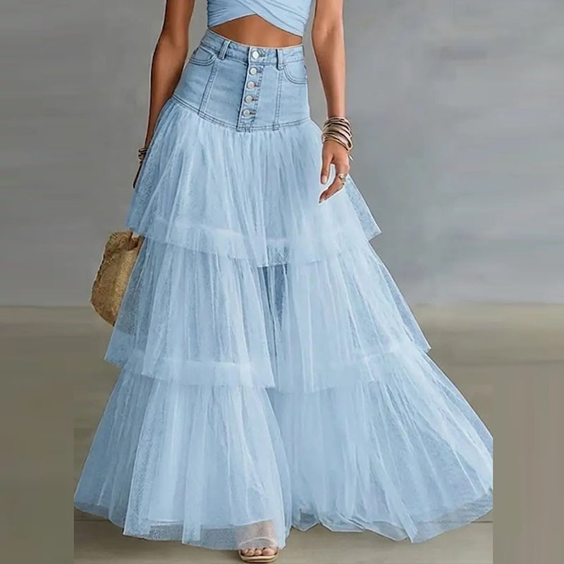 Retro Spliced Denim Tulle Tiered Maxi A-Line Skirt For Daily Commute And Street Outfits